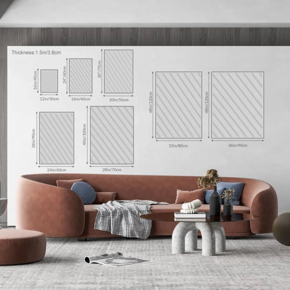 Modern living room featuring AI generated sunset wall art size options displayed above a curved brown sofa
