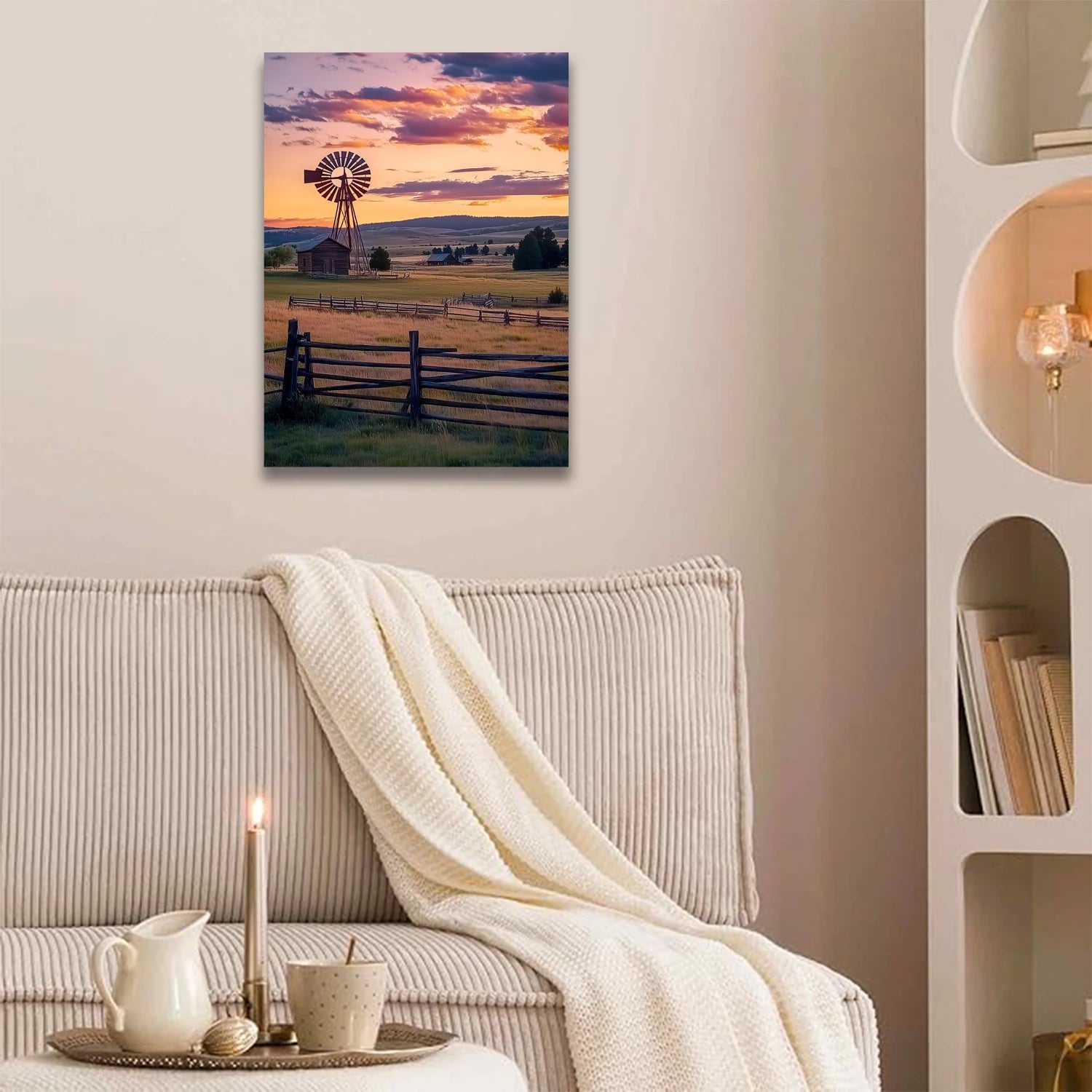 AI generated sunset wall art featuring a rural landscape with a windmill and colorful sky above a cozy living room sofa