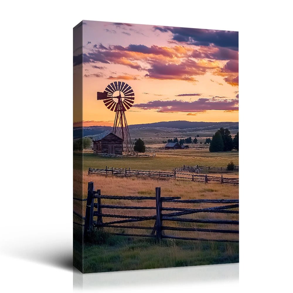 AI generated sunset wall art featuring a windmill and rustic fences in a serene countryside landscape