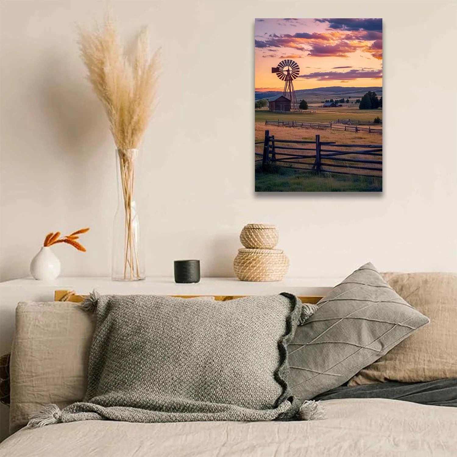 AI generated sunset wall art featuring a windmill and fence over a countryside landscape