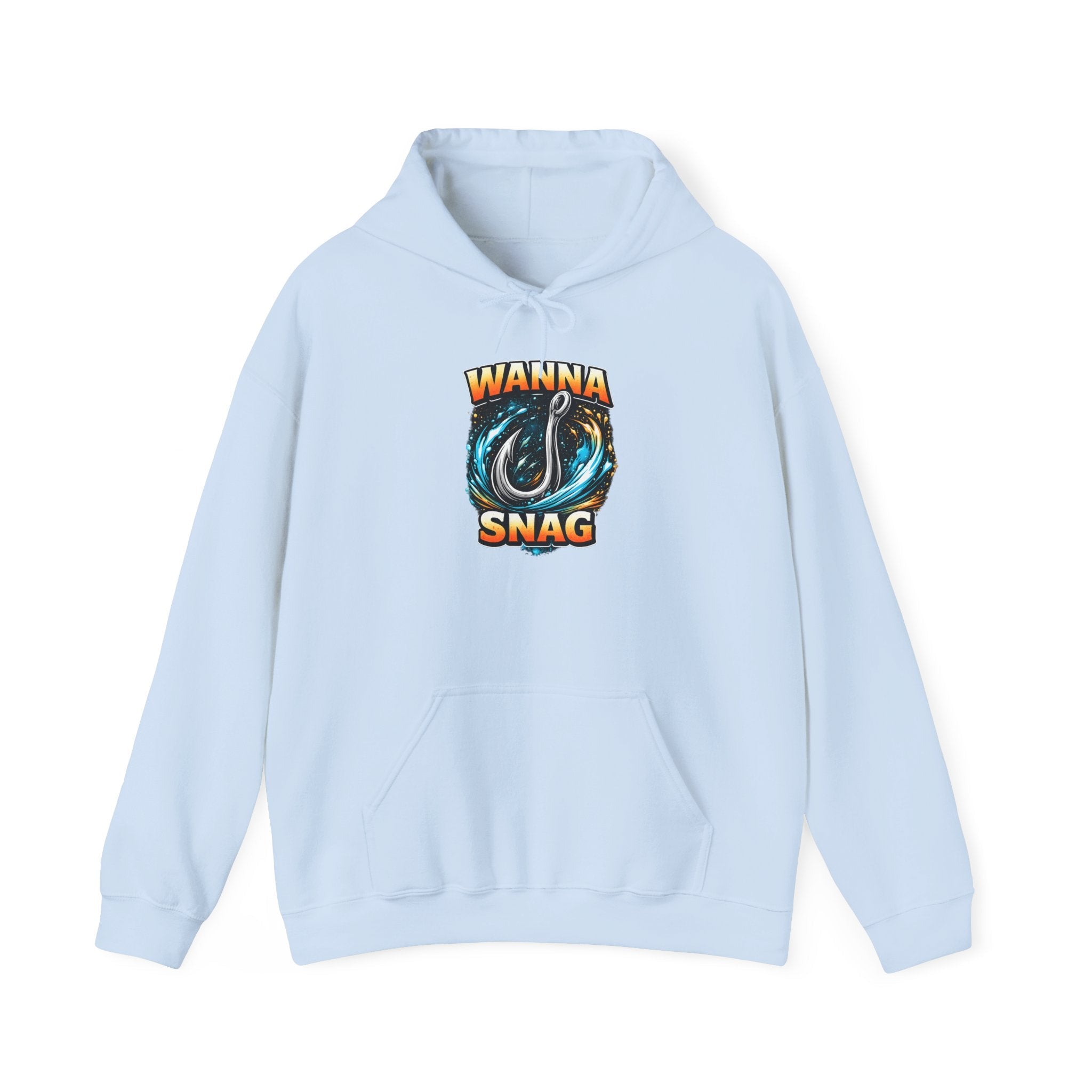 Light blue graphic hook pullover hoodie with fishing hook and Wanna Snag text design