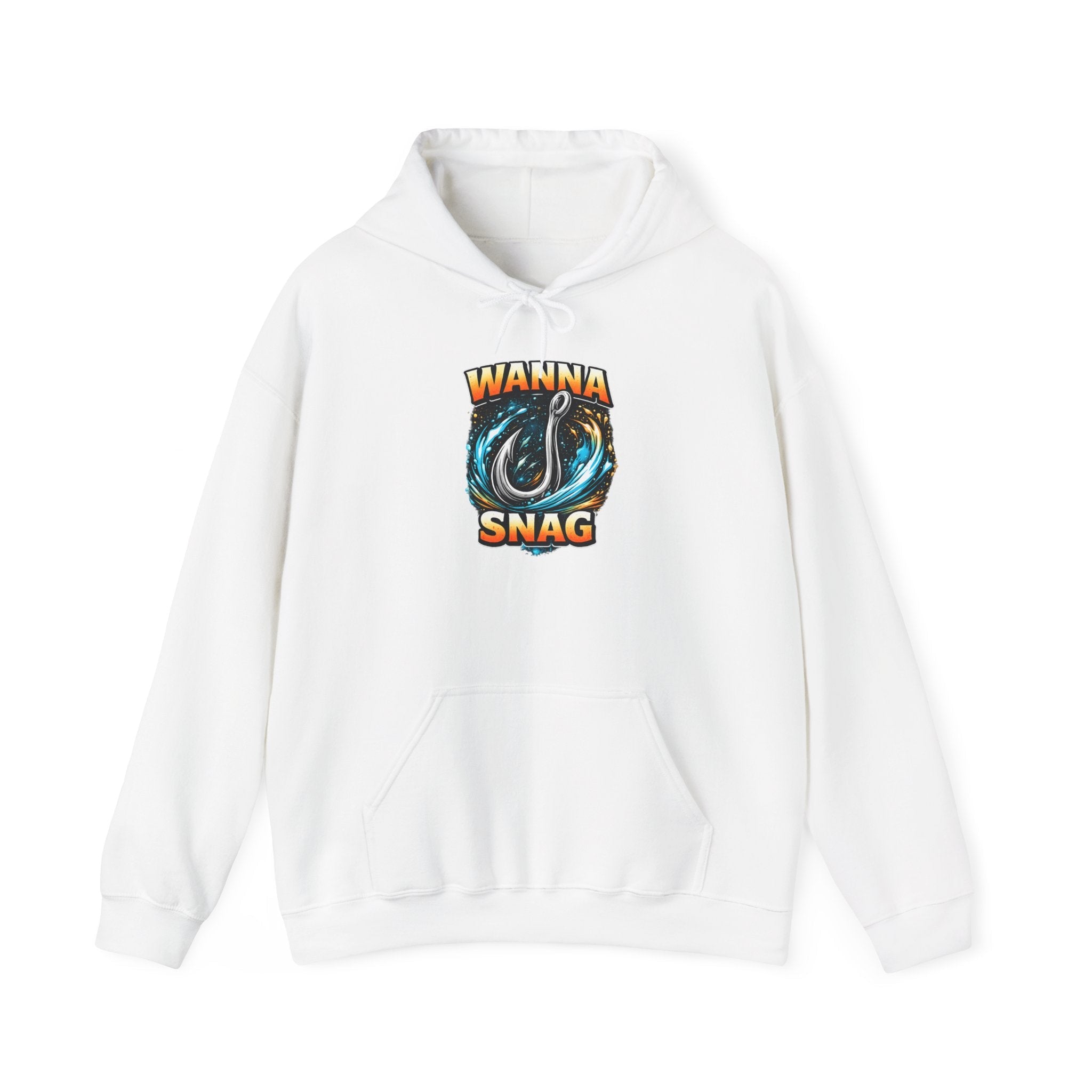 White graphic hook pullover hoodie with Wanna Snag fishing hook design and front pouch pocket