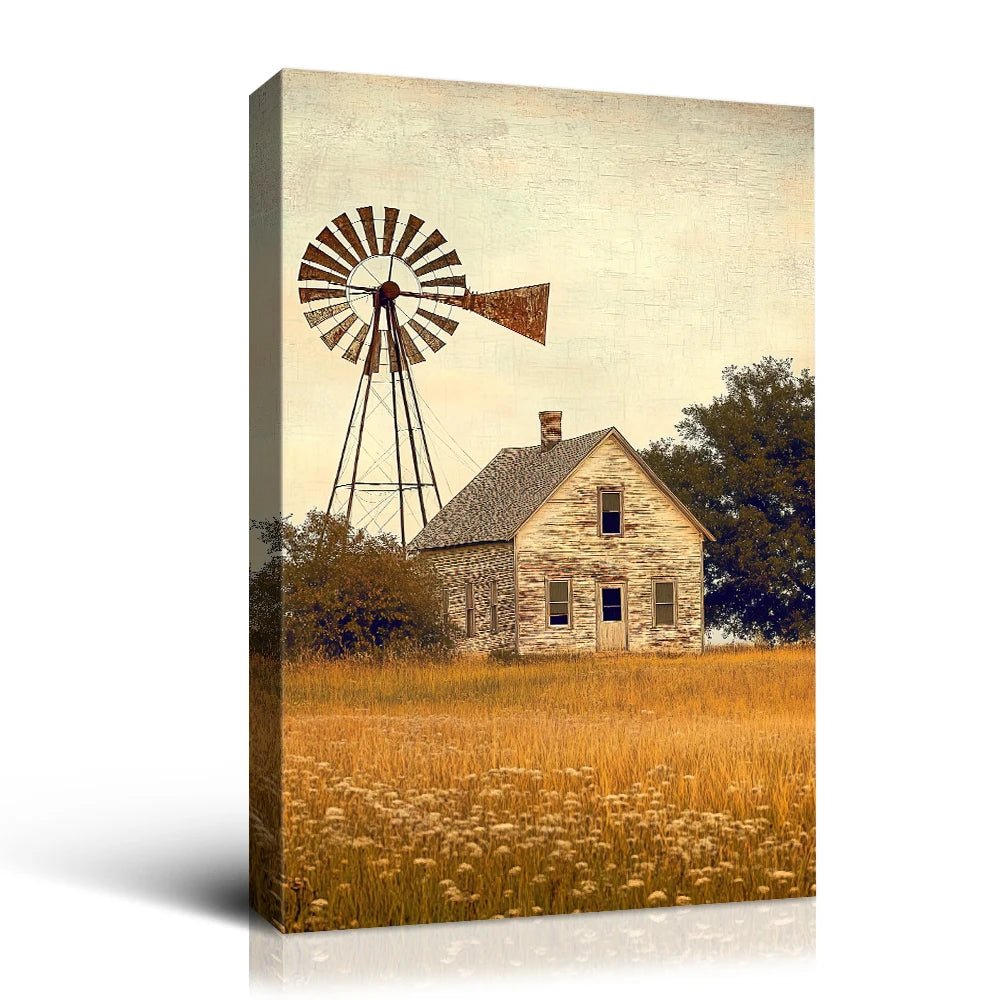 Rustic farmhouse windmill wall art featuring an old house and windmill in a golden field