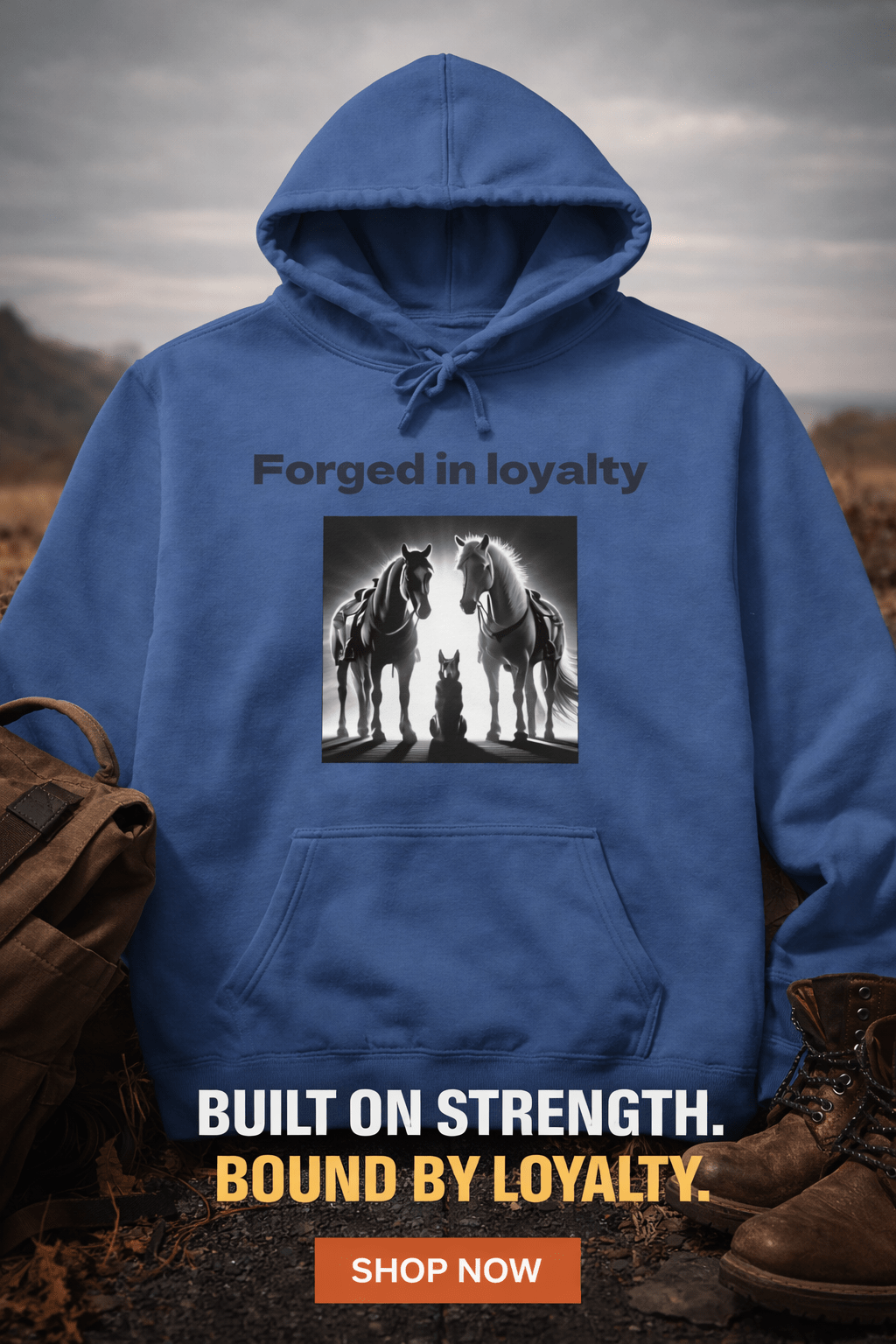 Blue Forged in Loyalty hoodie with horse and dog graphic, cozy front pocket and drawstring hood