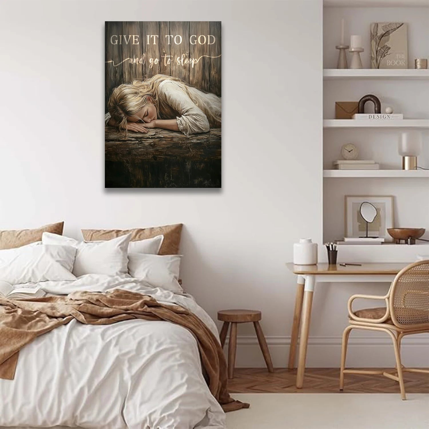 Give It to God wall art featuring a woman resting on a wooden surface with calming bedroom decor