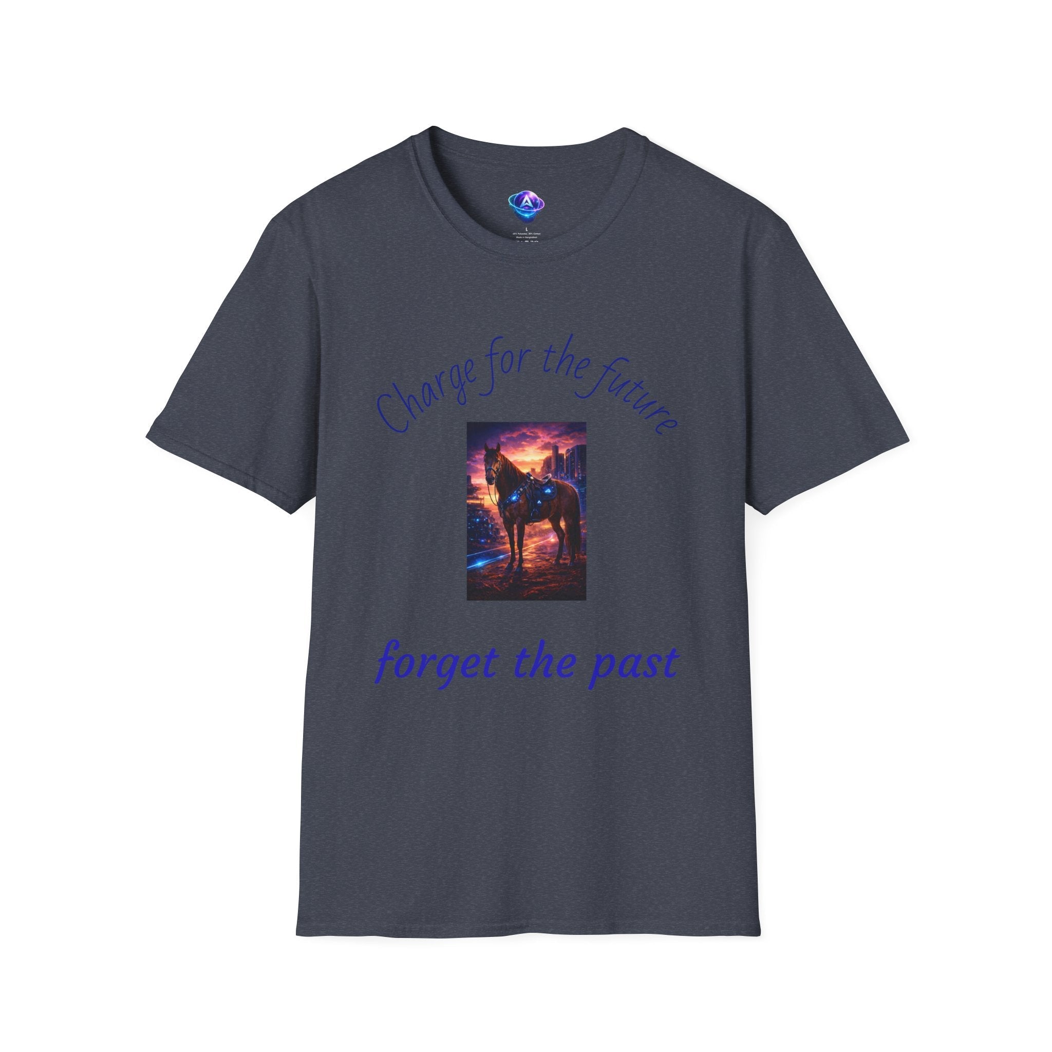 Printify motivational horse t-shirt with charge for the future and forget the past text in blue on dark gray