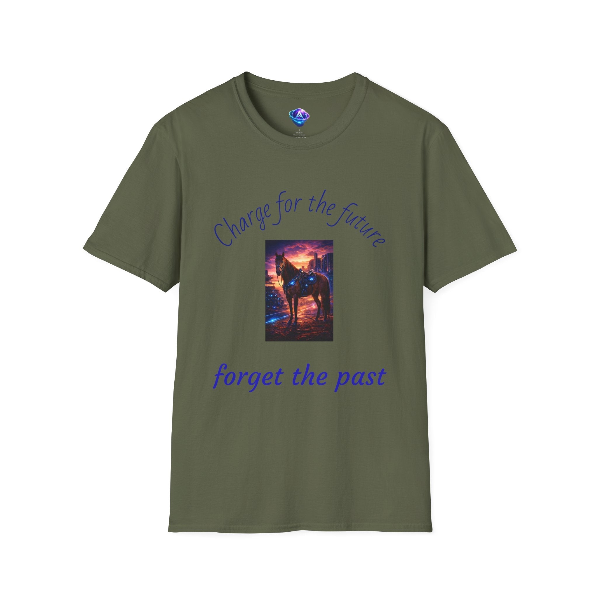 Printify motivational horse t-shirt in olive green with charge for the future design