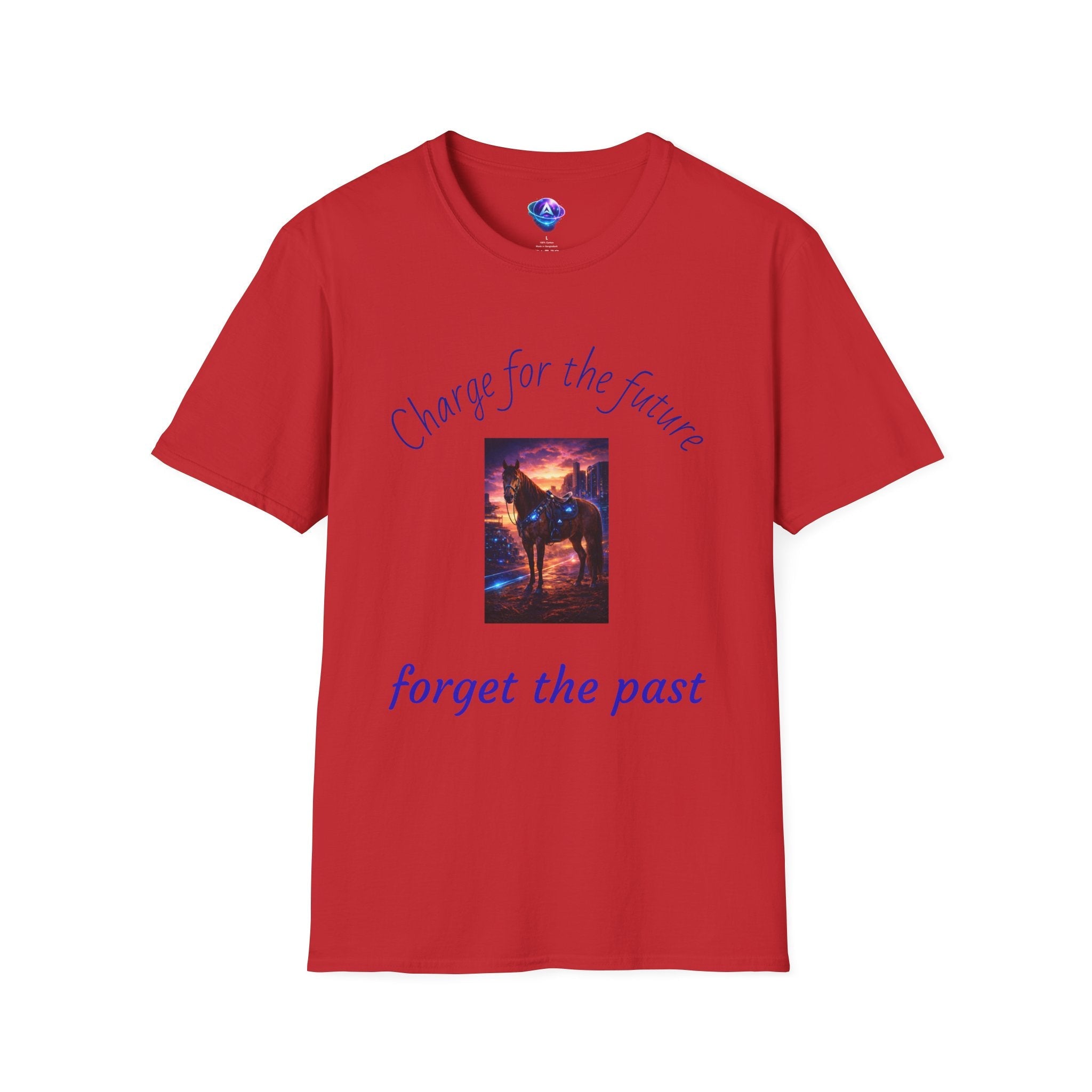 Red motivational horse t-shirt with charge for the future forget the past design by Printify
