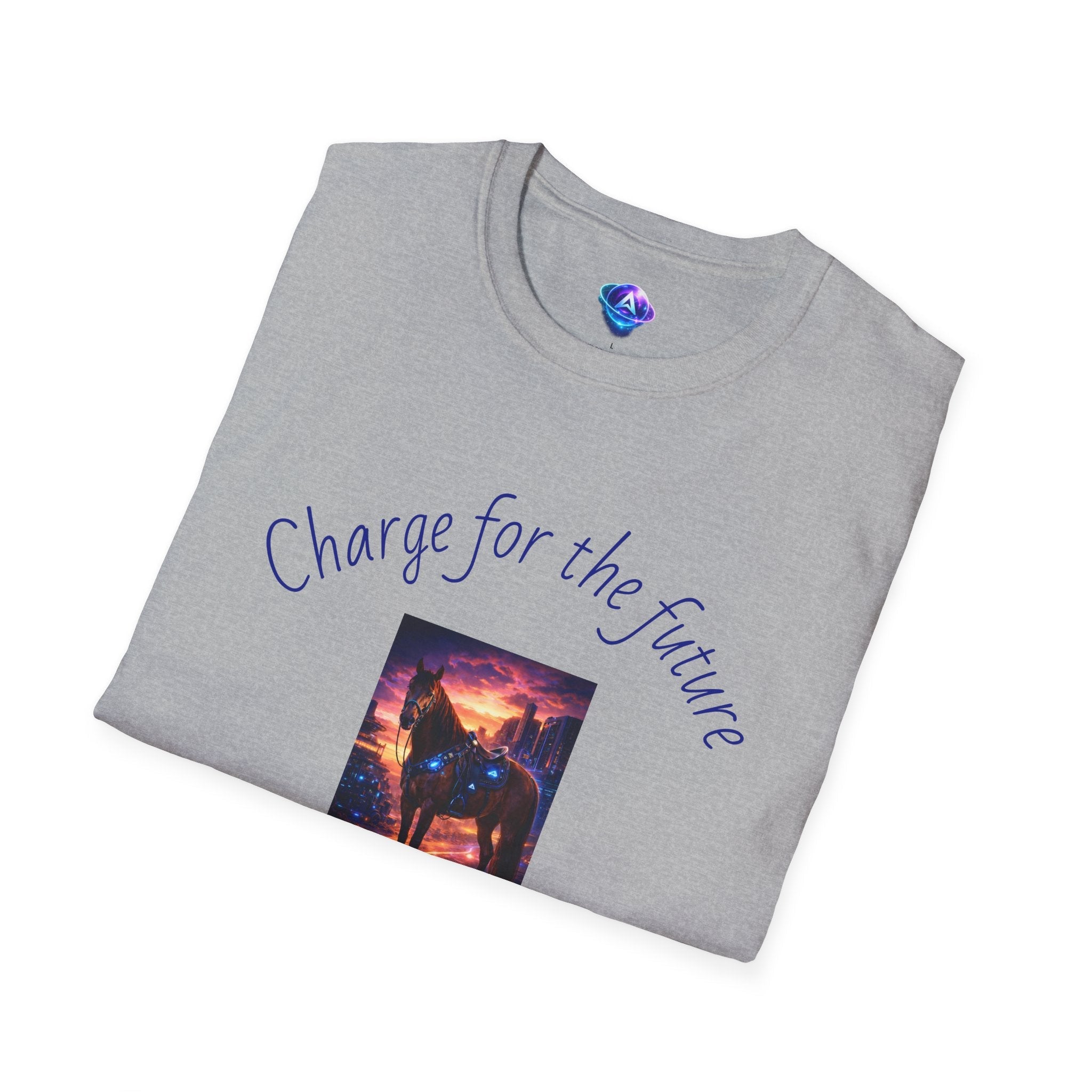 Printify gray motivational horse t-shirt with futuristic horse and Charge for the future text