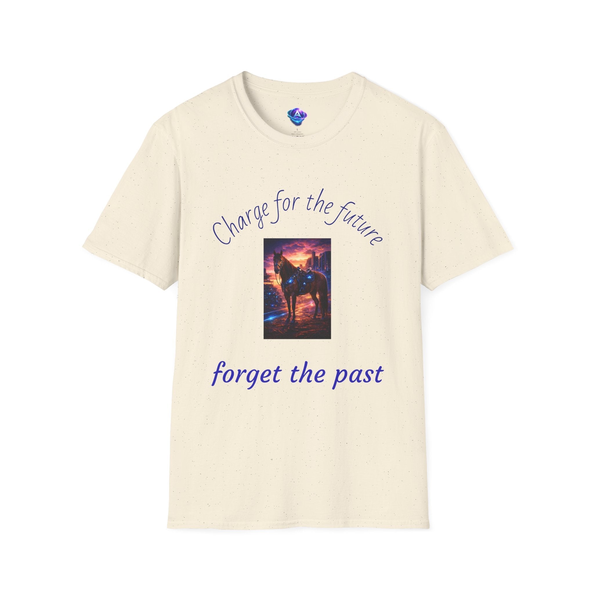Printify motivational horse t-shirt with Charge for the future forget the past design on cream fabric