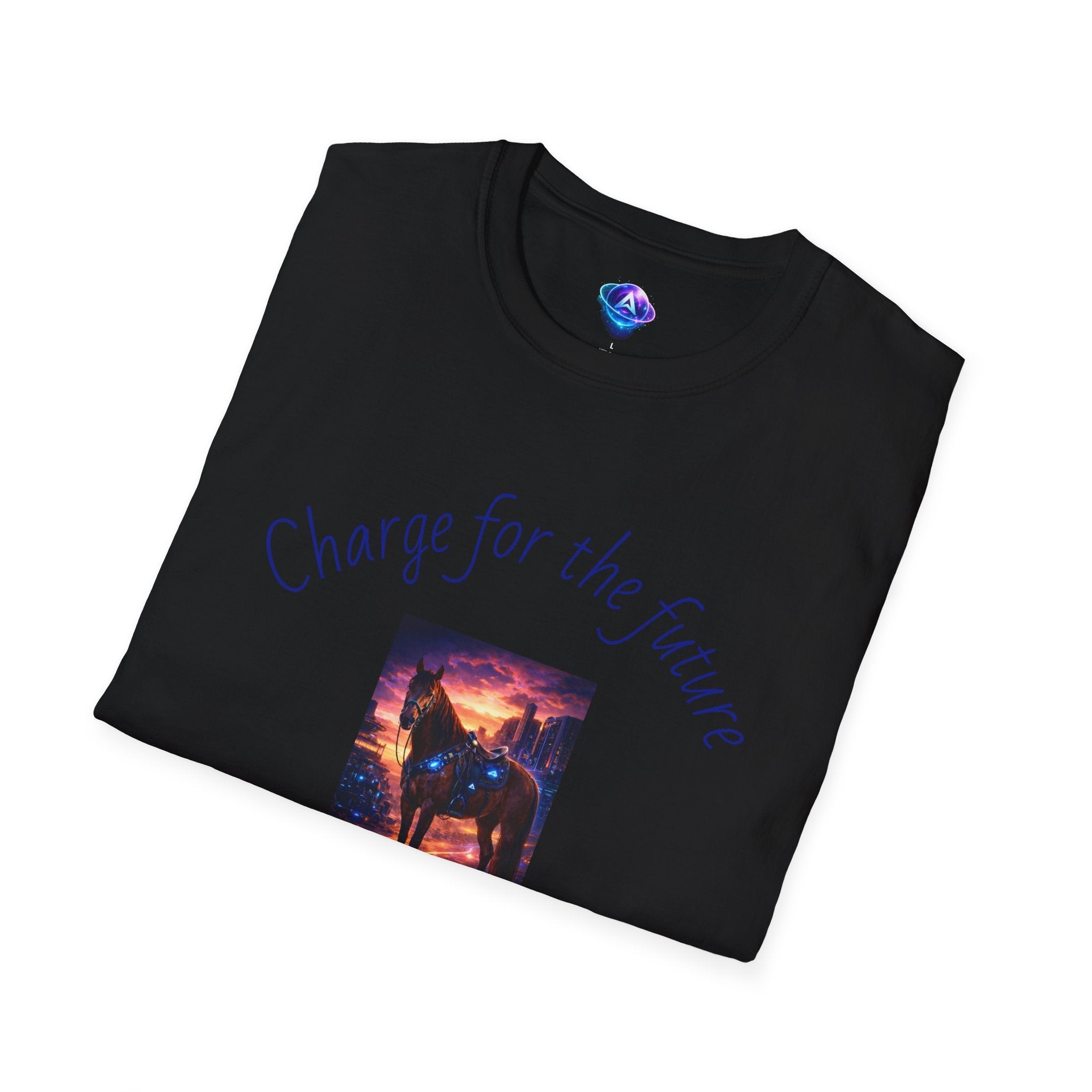 Printify black motivational horse t-shirt with Charge for the future design and glowing horse graphic