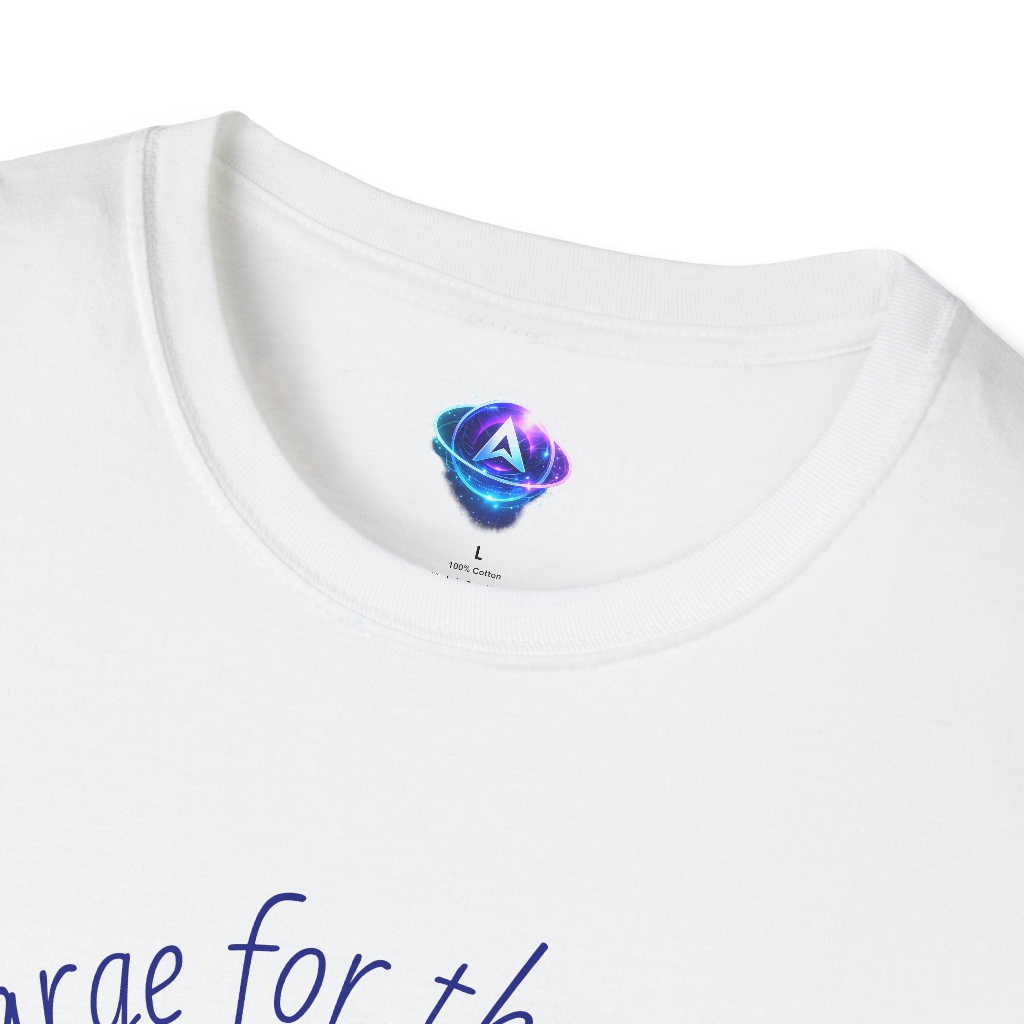 Close-up of white Printify motivational horse t-shirt with blue printed text near neckline