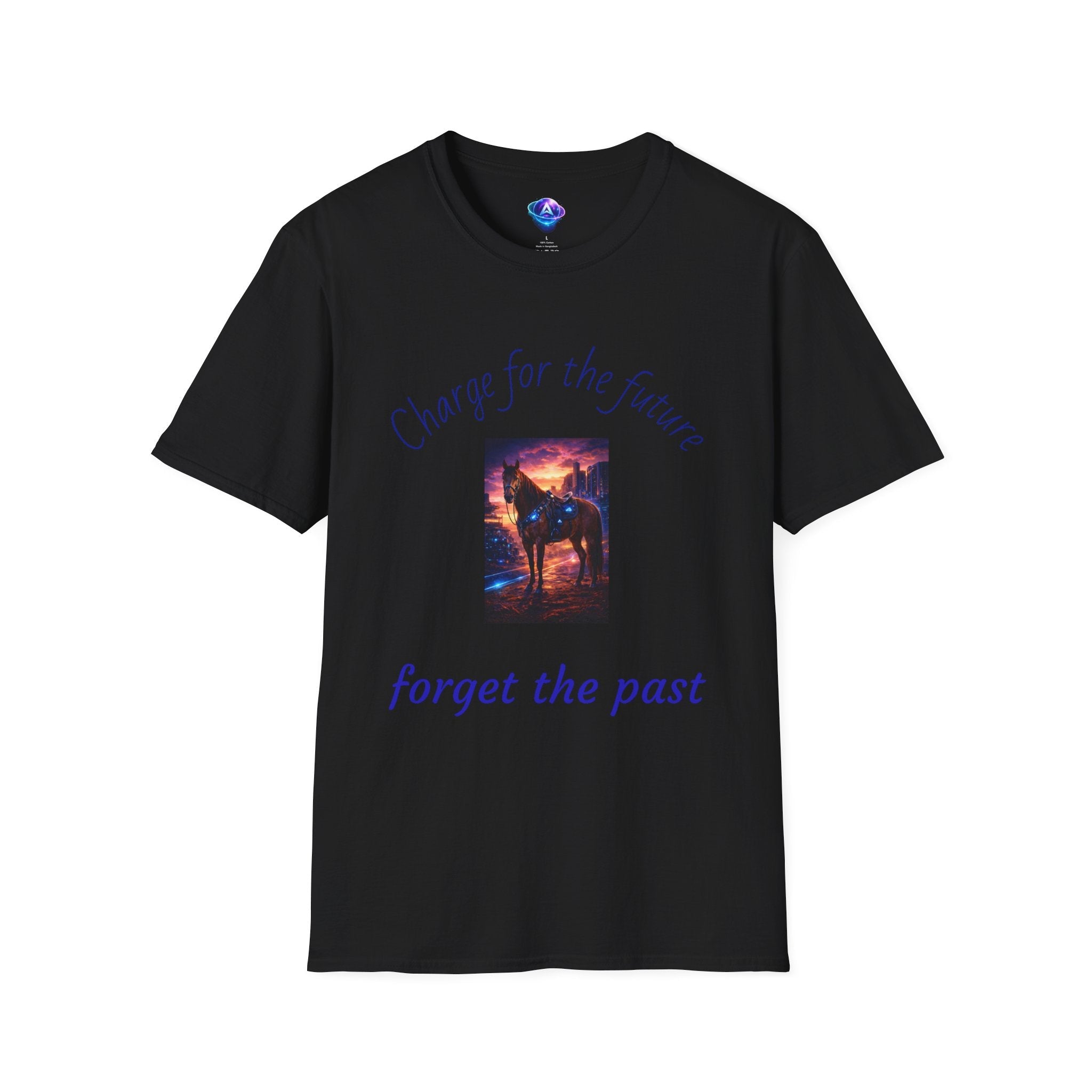 Black motivational horse t-shirt from Printify featuring a horse and text charge for the future forget the past