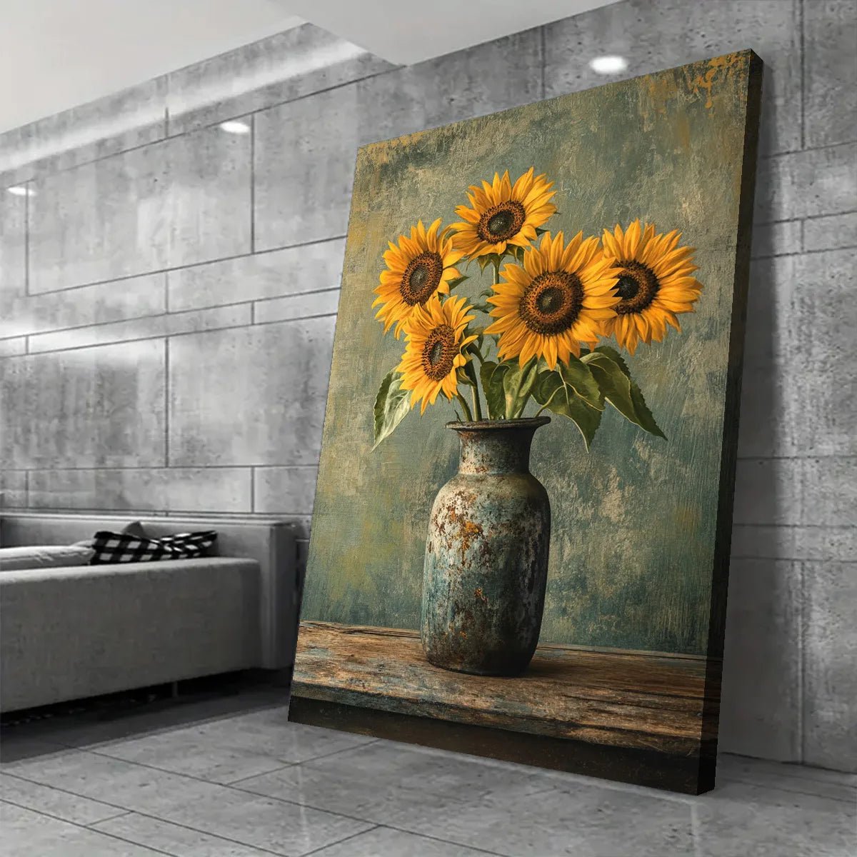 Rustic sunflower wall art featuring a vase with bright yellow sunflowers against a textured green background