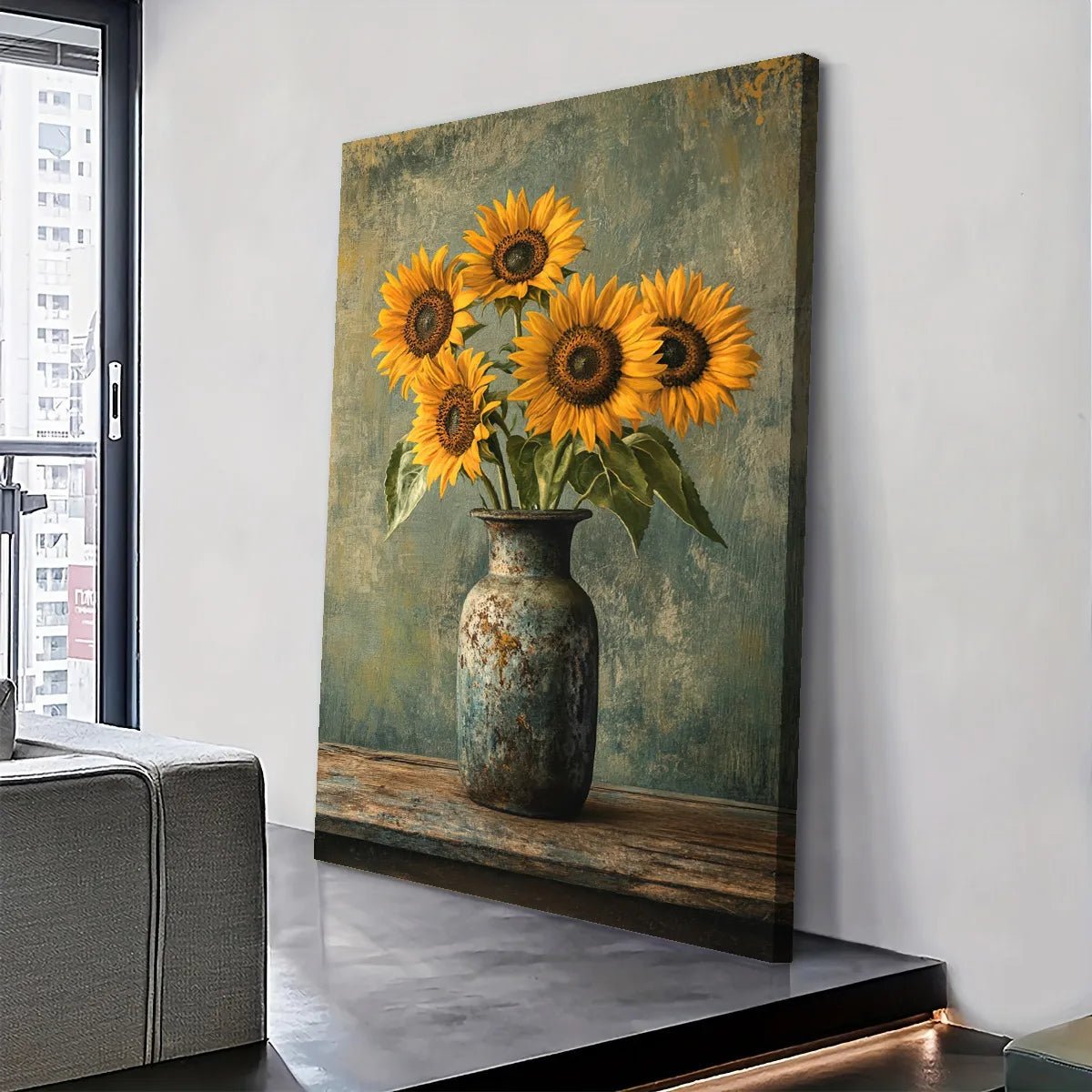 Rustic sunflower wall art featuring vibrant sunflowers in a vintage vase on a wooden table