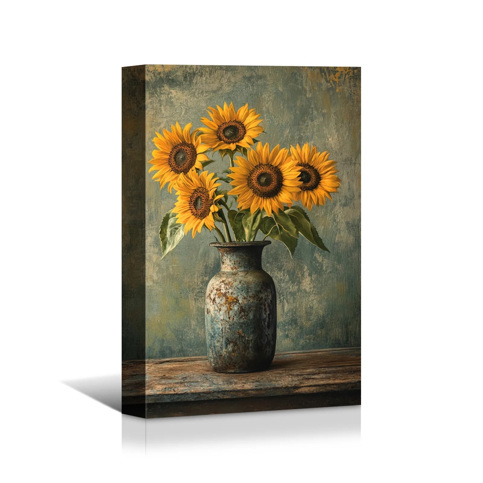 Rustic sunflower wall art featuring vibrant yellow sunflowers in a weathered vase on a wooden table
