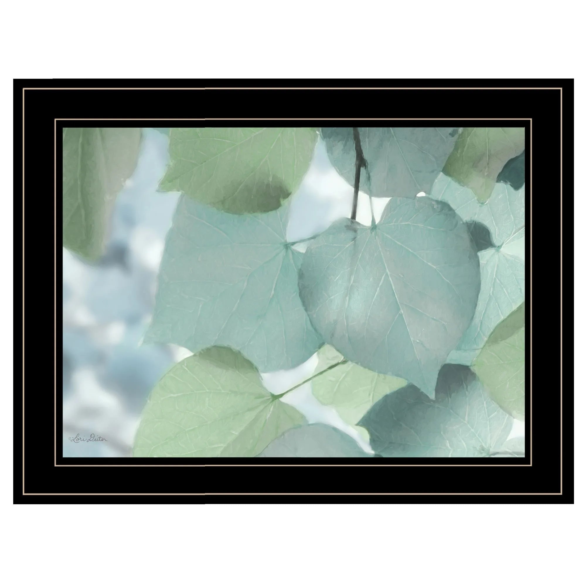 AI generated leaf wall art featuring soft blue and green leaves in a black frame
