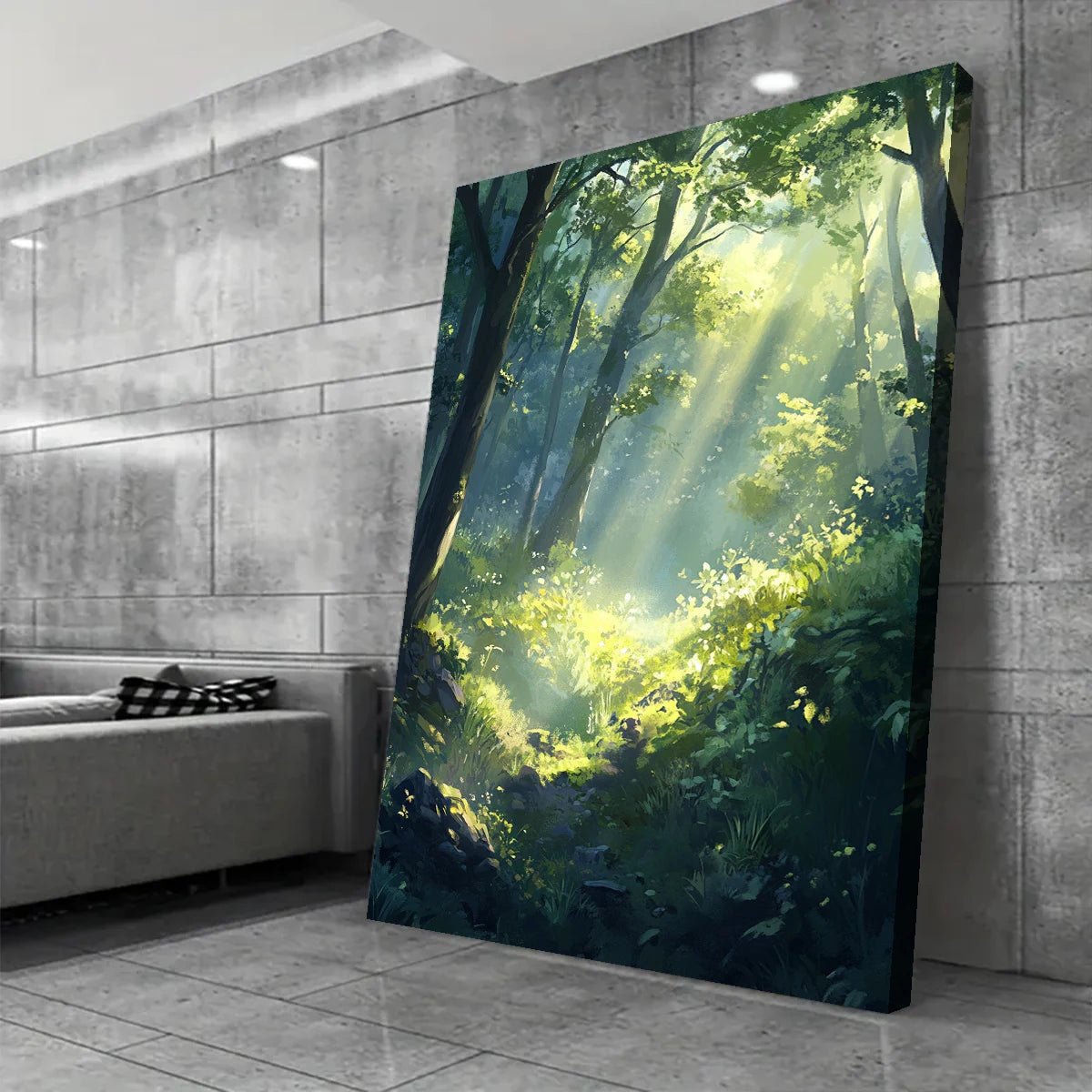 Sunlit jungle wall art depicting sunlight streaming through lush green forest trees on canvas