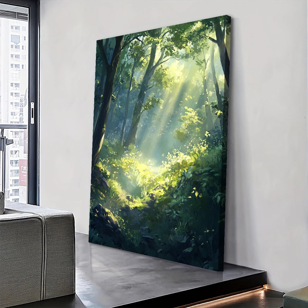 Sunlit jungle wall art with sunlight rays shining through dense green forest trees on canvas