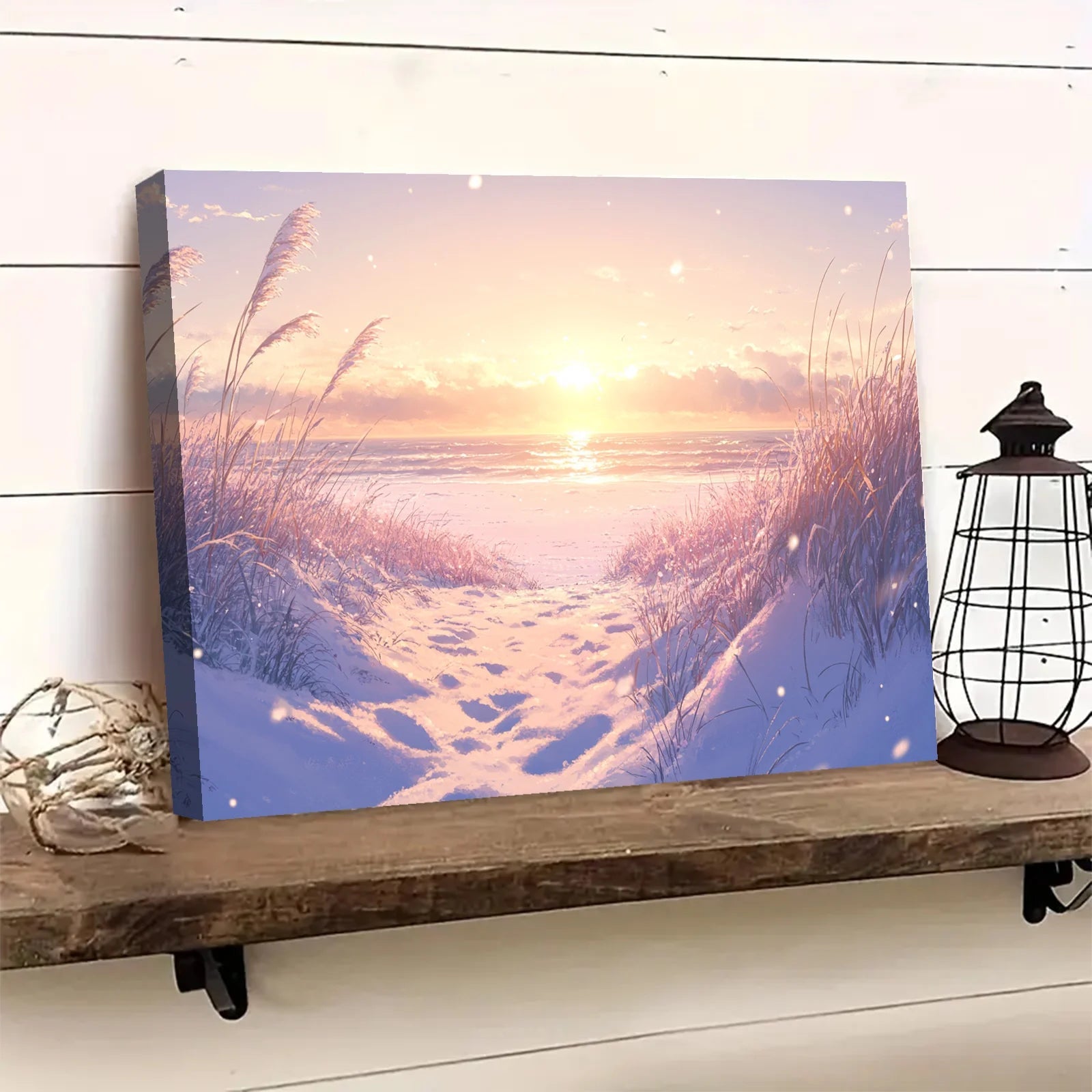 Winter beach digital art canvas showing a snowy path leading to the ocean with a glowing sunset