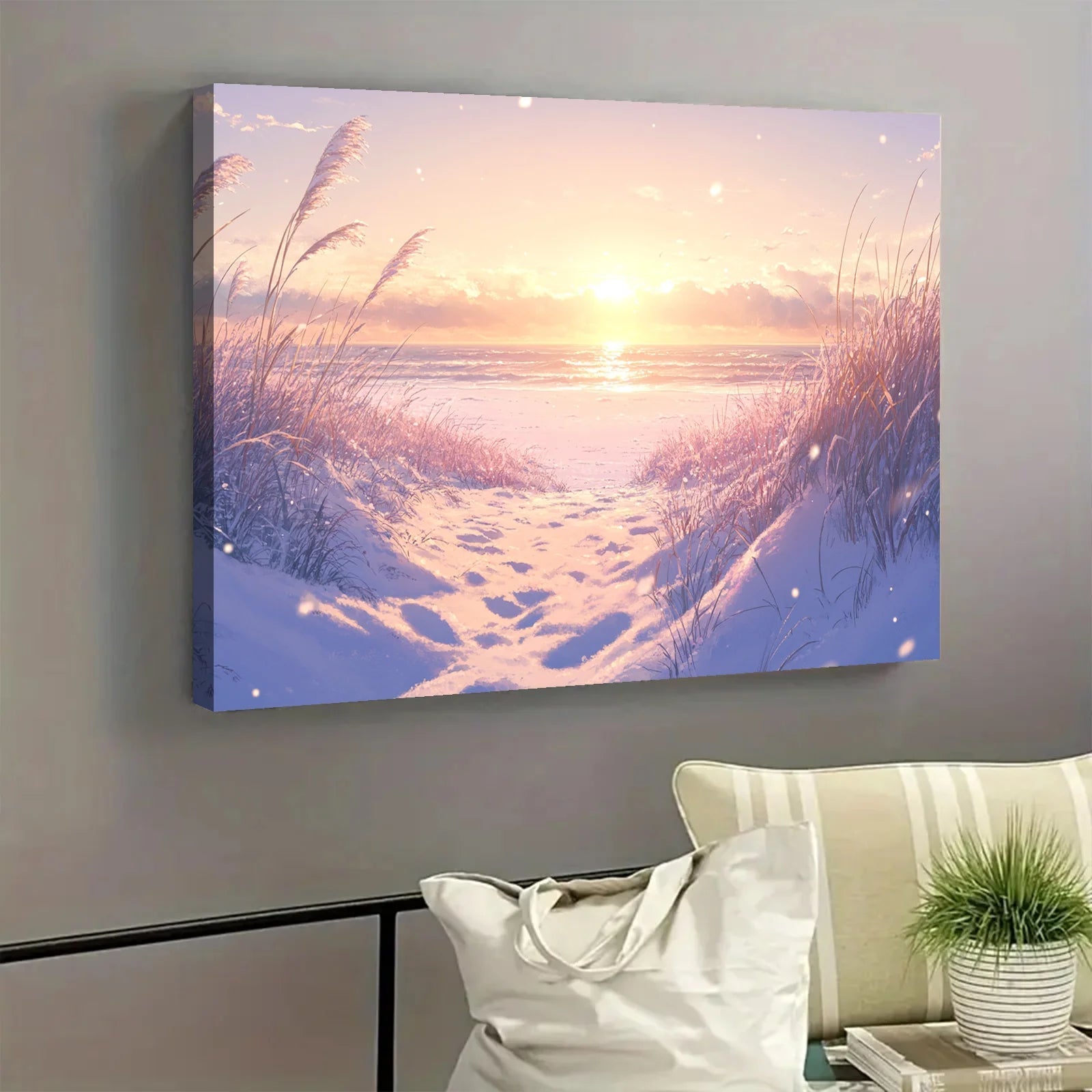 Winter beach digital art canvas showing snowy dunes and sunrise over calm ocean waters